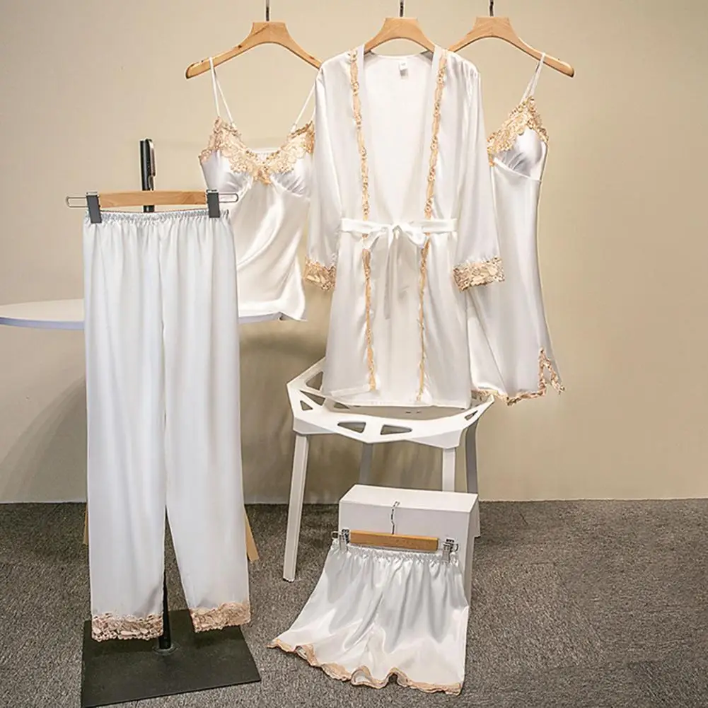 

Шелковый пижамный комплект, повседневный домашний костюм, Шелковый Атласный кружевной лоскутный женский пижамный комплект, топ, шорты и штаны для комфорта