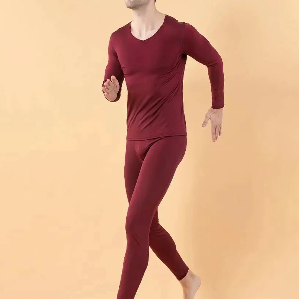 Men‘s Winter Seamless Cotton Thermal Top Long Johns Pants 2pcs Fleece Lined Warm Underwear Elastic Bottoms Outfit Homewear