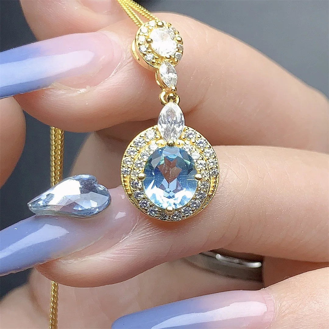 

925 Sterling silver Natural Swiss blue topaz Necklace Jewelry Fire Color Good beauty women's luxury jewelry certified boutique