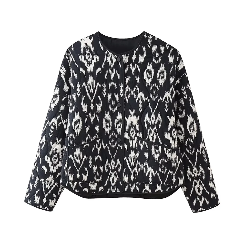 PB&ZA 2024 Spring New Women's Fashion and Elegance Short and Versatile Printed Quilted Round Face Jacket Coat 6