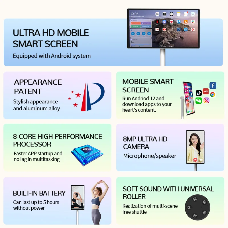21.5 Inch 1080P Follow By Me Movable Touch Screen Monitor Battery Power Touch Screen Tv Wireless Portable Smart Tv for Home