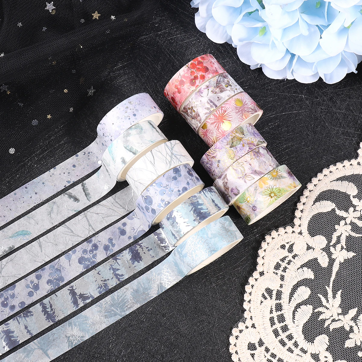 6 rolls/box of bronzing floral washi tape, flower print design pattern tape and notebook collage decoration, a gift for friends 5