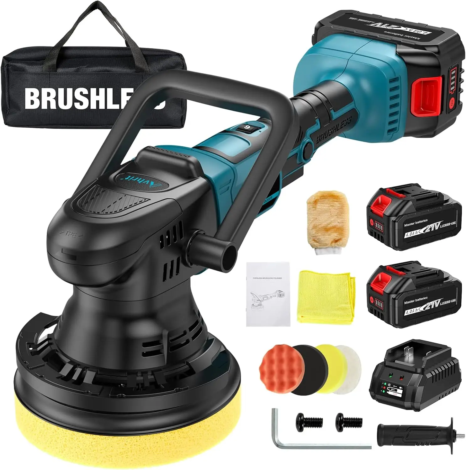 Cordless Car Buffer Polisher Brushless 6 Inch Portable Buffer Polisher Kit 2 Pack 21V Rechargeable Batteries 6 Variable Speed