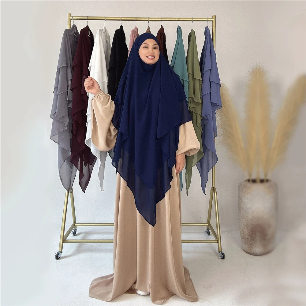 Hijab Abbigliamento Islamico Lungo Khimar Preghiera Vestiti 3 Strati Donne Pianura Copricapo Musulmano Foulard Niqab Ramadan Eid Copricapo