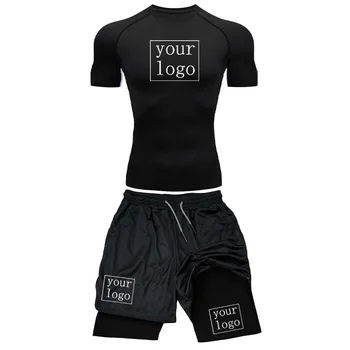 Set di compressione stampato personalizzato da uomo, top da palestra con logo della squadra + pantaloncini da allenamento, indumenti protettivi traspiranti ad asciugatura rapida
