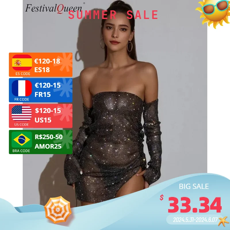 

FestivalQueen Women's Sexy Fishnet Dress with Gloves Flash Drill Tube Top Mini Dresses Beach Cover Up Nightclub Streetwear Bodyc