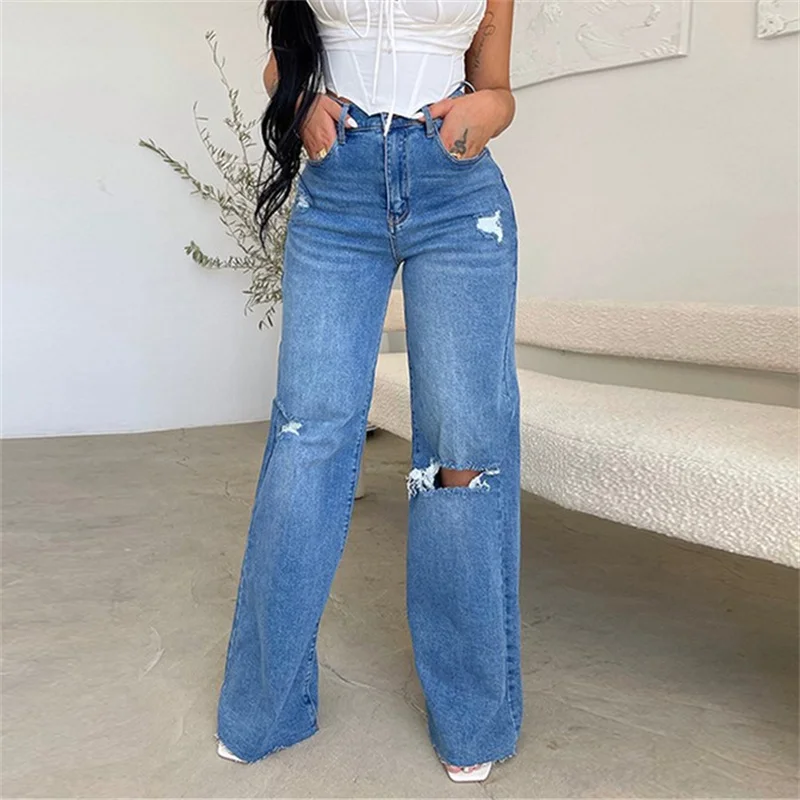 Fashion Knee Broken Holes Hollow Out Straight Jeans Women High Waist Button Splicing Denim Pants Female Casual Wide Leg Trousers