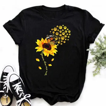 Cotton 100% Comfortable Casual Women's Black Top Women's T-shirt Casual Sunflower Butterfly Print Oversized T Shirt  Tops 1