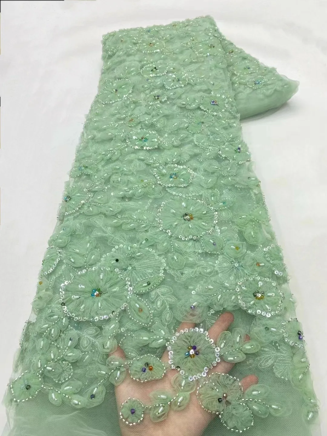 

Luxurious African Handmade Beads Lace Fabric 2024High Quality Sequins Tulle Embroidery for Wedding Party Sew French Lace Fabric