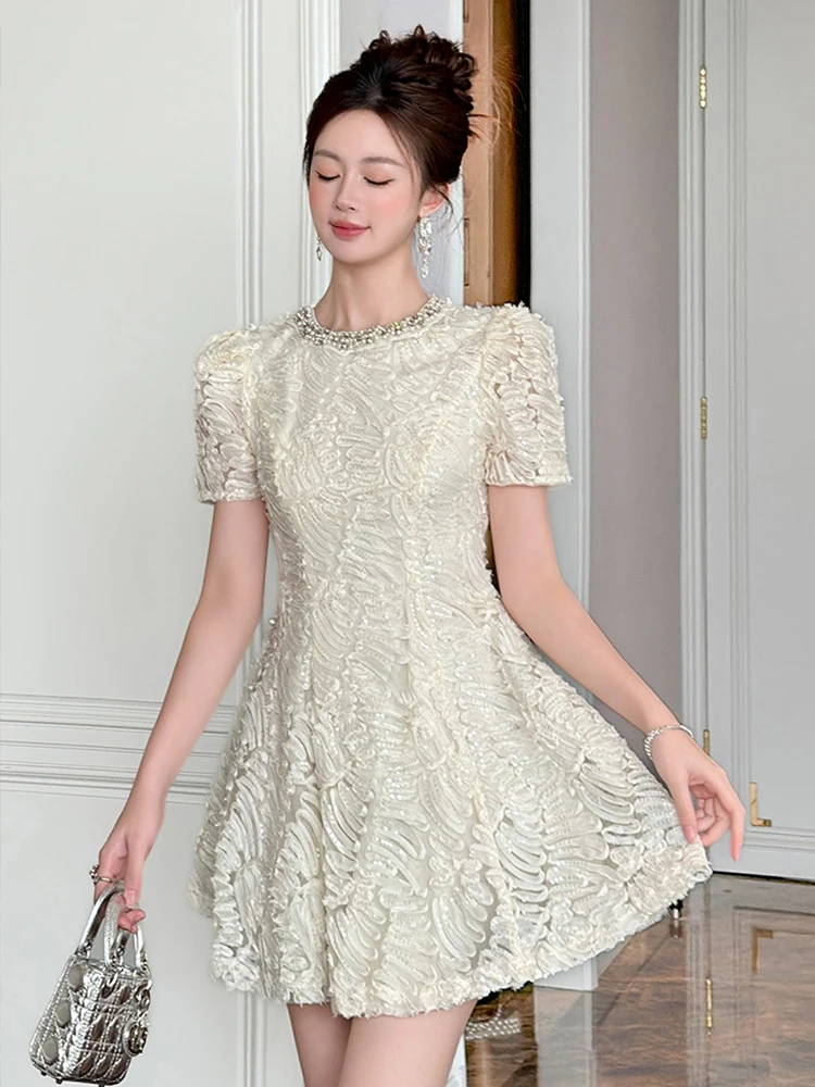 Women's French Romantic Princess Dress Pretty Cute Pearl Diamond Sparkling  Sequin Short Ball Gown Female Birthday Party Vestidos - AliExpress