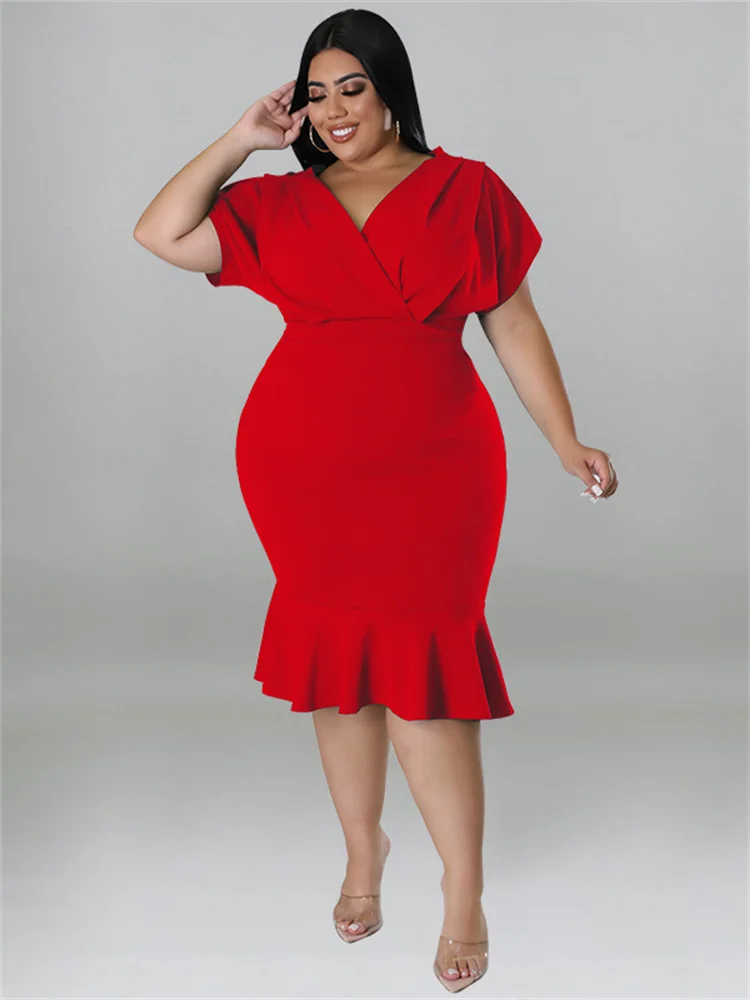 Wmstar Plus Size Dresses for Women Summer Solid V Neck Ruffles Hem Elegant Midi Dress Hot Sale New Style Wholesale Dropshipping