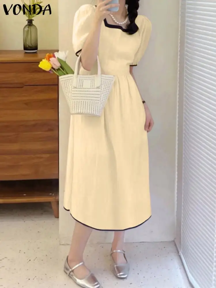 

Midi Dress 2023 VONDA Summer Elegant Women Shirt Dress Short Sleeve Patchwork Color Sundress Casual Pleated Party Vestiods Robe