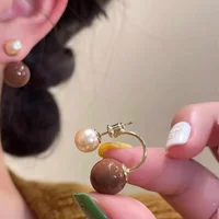 Imitation Pearl Double Side Round Beaded Earrings For Women Maillard Color Simple Cute Winter Statement Earrings 2024 Jewelry - Image 6