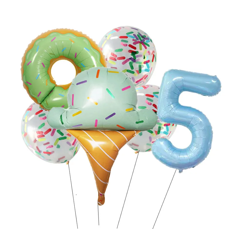 thumbnail image 1 of Juego de globos de aluminio con forma de donuts y helado, 1/6 unidades, números grandes del 0 al 9, para decoración de fiestas de cumpleaños de niñas y niños, 1 of 5