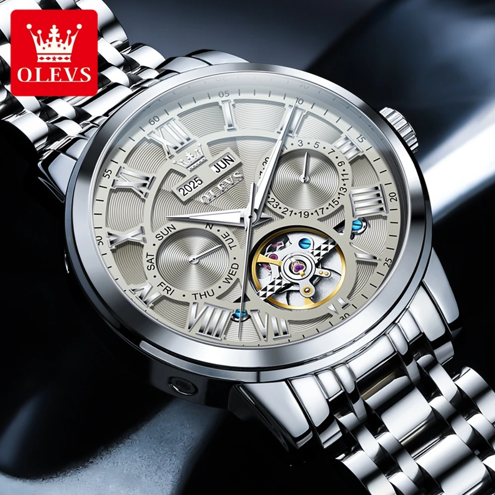 OLEVS 6668 Luxury Skeleton Automatic Mechanical Men Watch Top Brand Movement Roman Scale Calendar Waterproof Business Men Watch 2