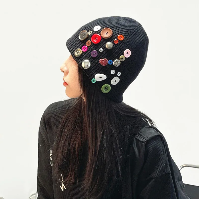 

Adult Hip hop beanie hats New Grils punk personality knitted hat with button Street dance pop Cap skullcap for women