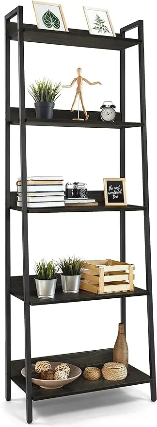 

5 Tier Ladder Bookshelf, 24 Inch Width Free Standing Shelf, Bookcase Shelf Storage Rack Organizer, Industrial Book Shelves