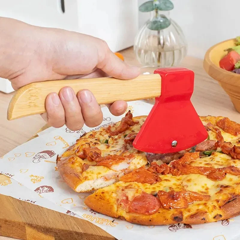 1pc Stainless Steel Roller Pizza Cutting Creative Wooden Handle Axe Knife Circular Middle Handle, pizza cutter,roller cutter,pizza knife,pizza roller