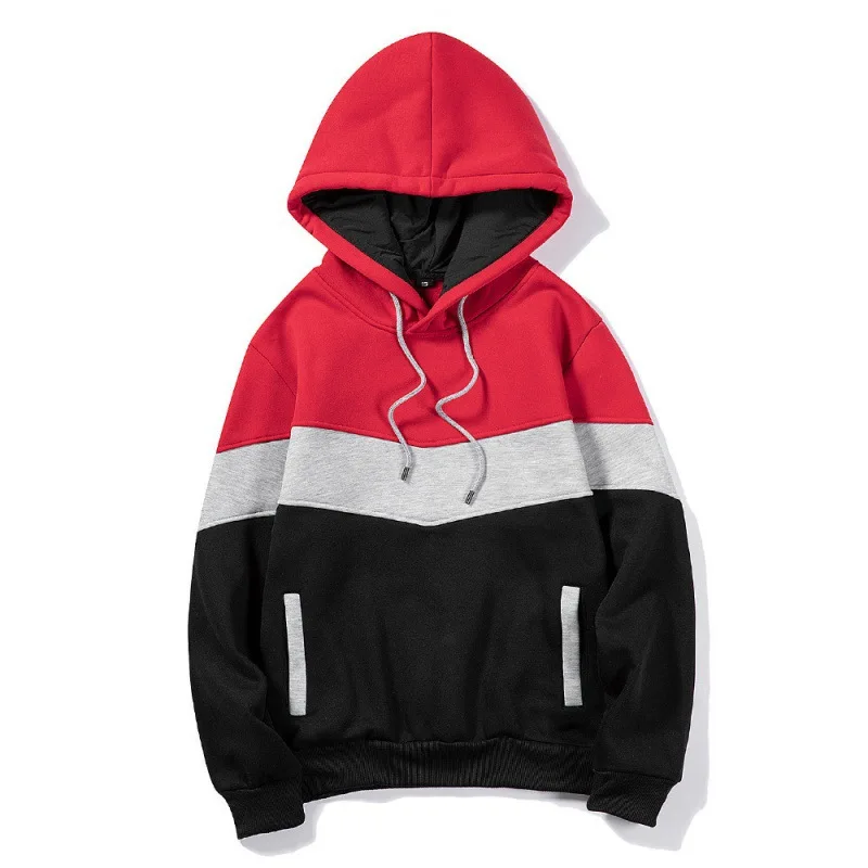 Men's Patchwork Hoodie Outdoor Casual Sportswear Street Fashion Men's Fleece Thermal Hooded Sweatshirt Fall Winter Black