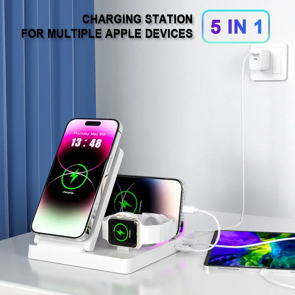 5 in 1 Magnetic Wireless Charger Station Stand USB PD Port LED Light For Magsafe iPhone 16~12 Pro Max Apple Watch AirPods 3 Pro
