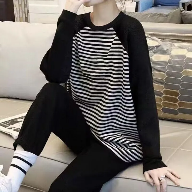 

Классическая простая футболка в полоску с длинным рукавом, уличная одежда, женская футболка, Осень-зима 2023, повседневные пуловеры, женская одежда