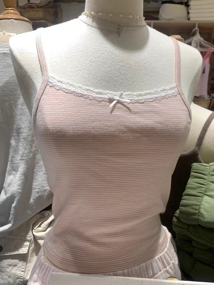 Sweet Pink Striped Lace Crop Top Cute Bow Soft Cotton Sleeveless