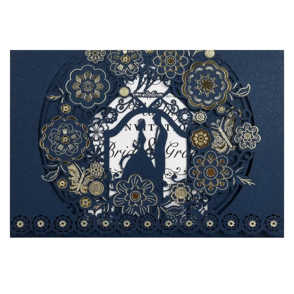 Wedding Invitation Cards 10pcs/pack Flower Bride Groom Hollow Out 250gsm Shiny Pearl Paper Card Holders greeting cards
