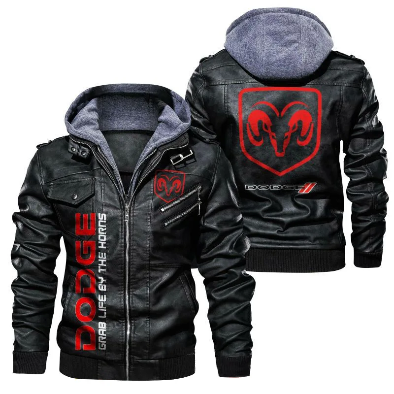 New Autumn Winter Leather Dodge Logo Men's Jacket Removable Hoodied Motorcycle Jacket Men Leather Mens Jackets 3