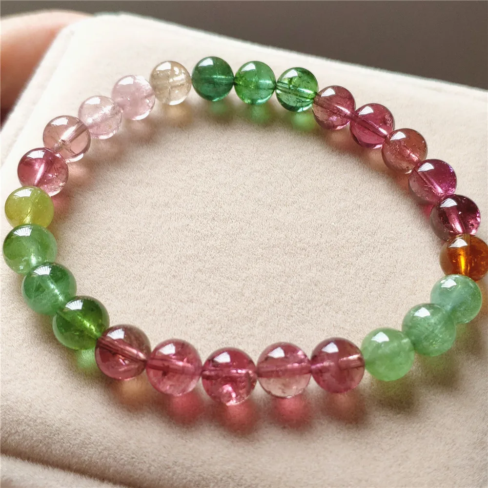 

Natural Colorful Tourmaline Beads Bracelet 7.3mm Clear Round Beads Red Green Candy Tourmaline Women Jewelry AAAAAAA