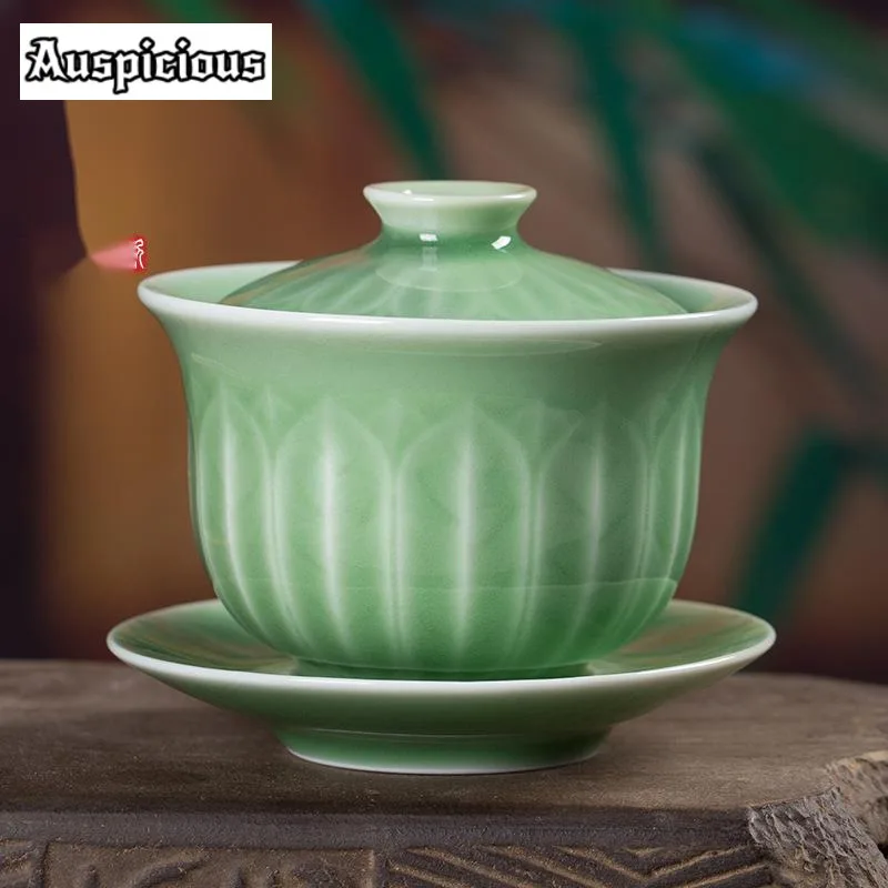 150ml Creative Longquan Celadon Gaiwan Antique Handmade Lotus Petal Tea Tureen Zen Tea Maker Cover Bowl Cha Services Craft