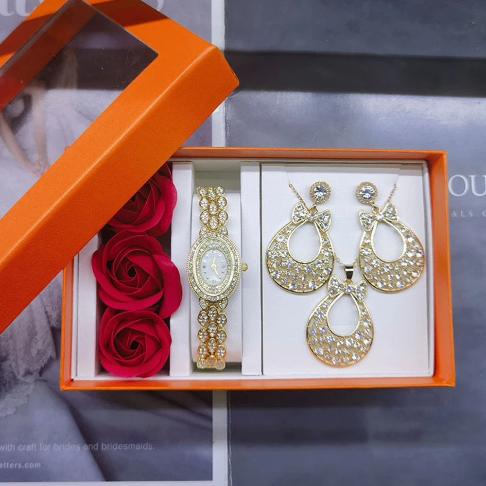 Orologio Moda Donna Anello Collana Orecchini Strass Moda Orologio Da Polso Donna Casual Orologi Da Donna Set Di Gioielli Orologio Con Scatola