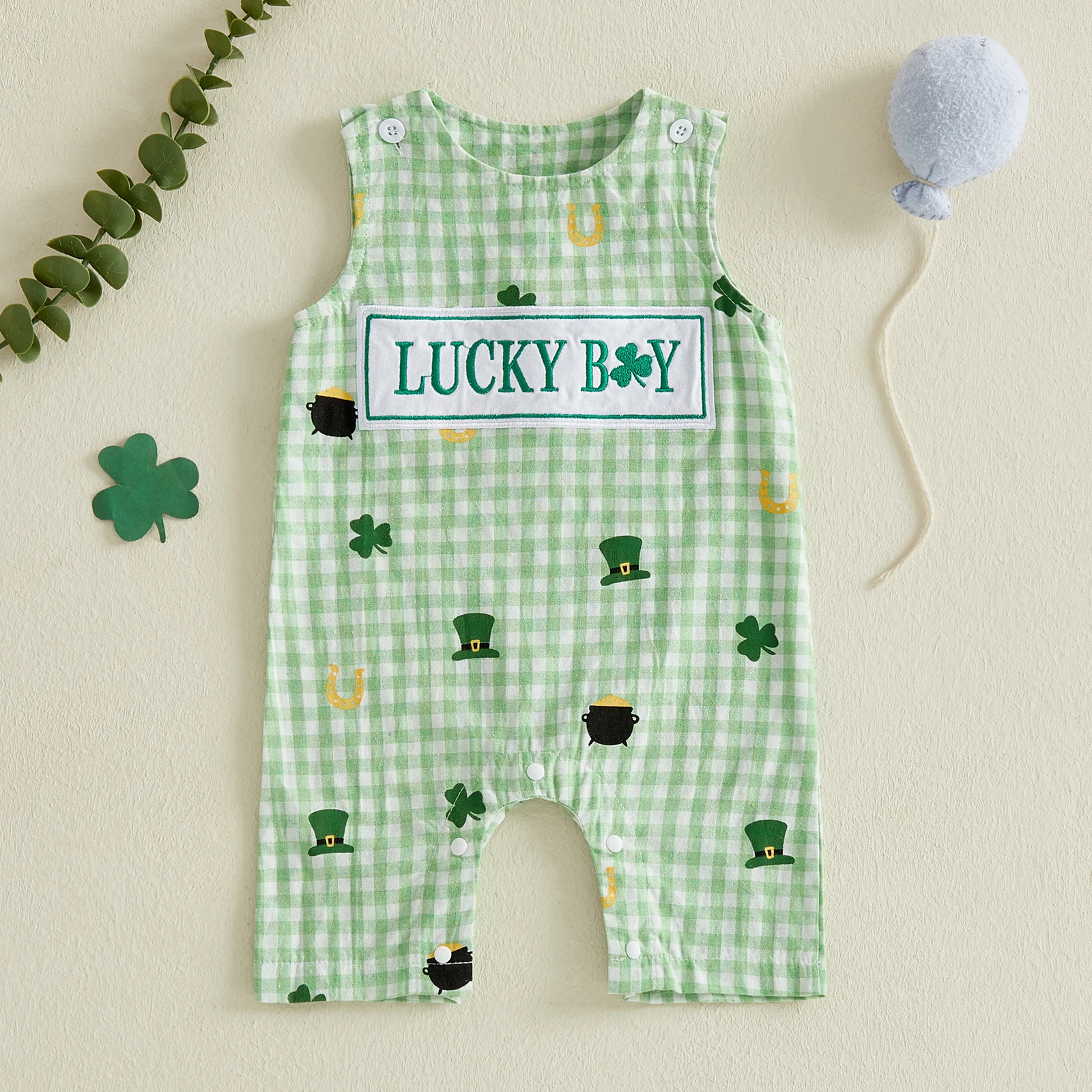 Shamrock Print Baby Boys Rompers with Clover Hat Plaid Buttons and Sleeveless Design - Stylish Infant Bodysuits Overalls from