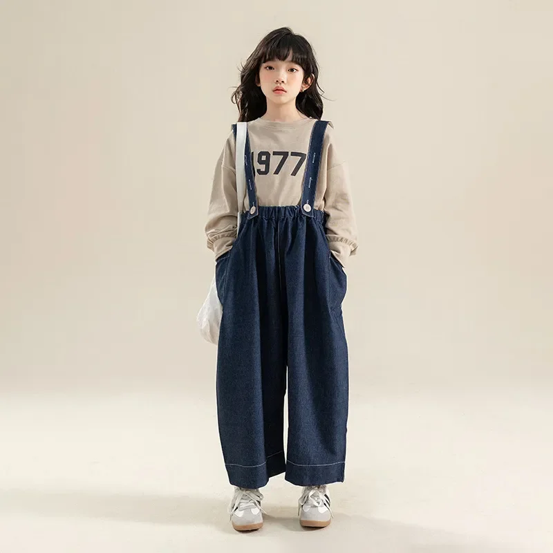 

Girls Denim Overalls Blue Loose Casual Suspender Pants for Kids 2023 New Children's Clothing 13 14 Years School Teens Jumpsuit