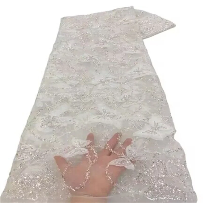 

2023 белое Новое поступление, французская сетчатая кружевная ткань с бисером, персиковая африканская Тюлевая кружевная ткань с вышивкой блестками для женского платья