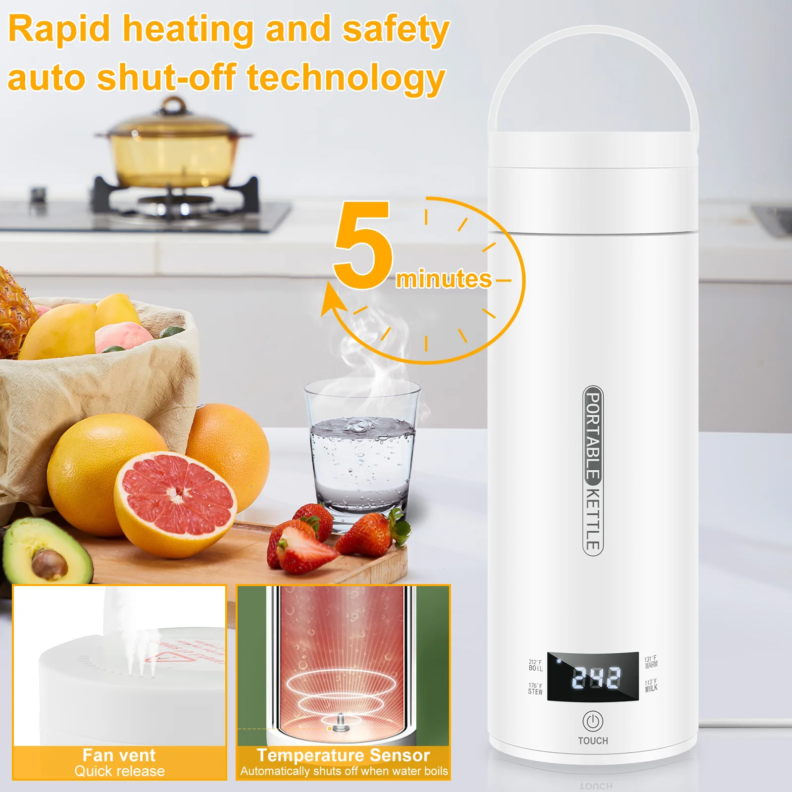 Portable Travel Kettle with Display 4 Temperature Control Water Boiler Cup Automatic Shut Off Electric Heating Cup for Travel, folding kettle,portable folding kettle
