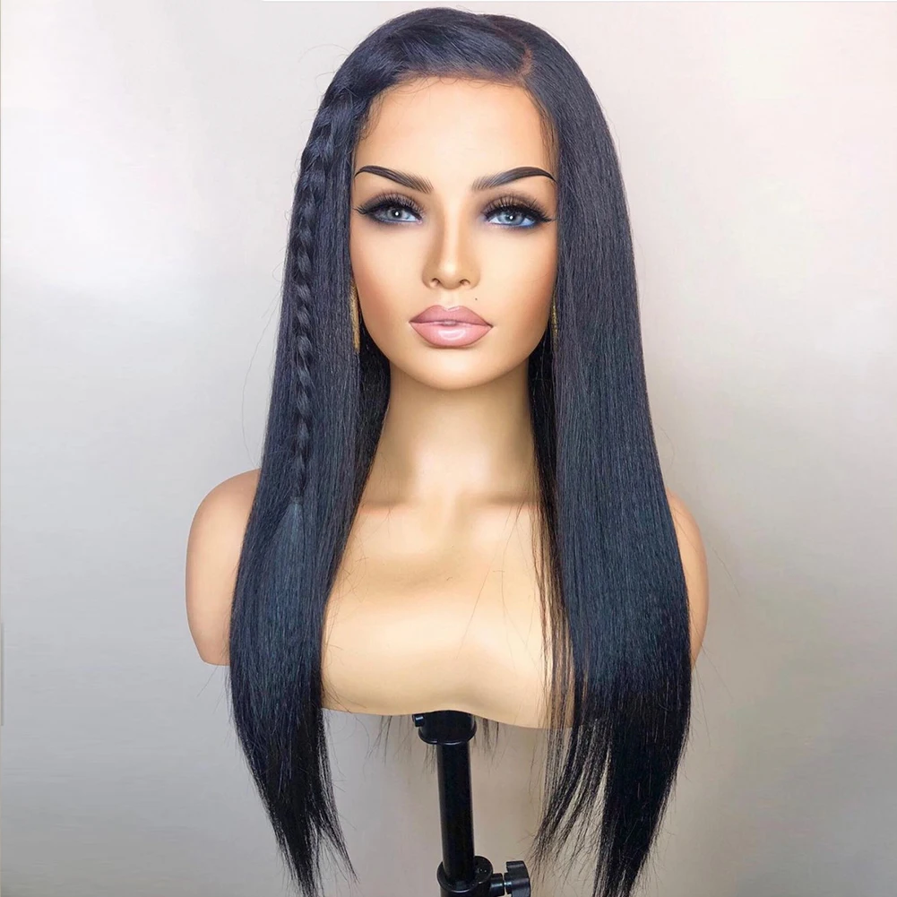 

Soft 26inch Nature Black Yaki Long Kinky Straight 180Density Lace Front Wig For Black Women BabyHair Glueless Preplucked