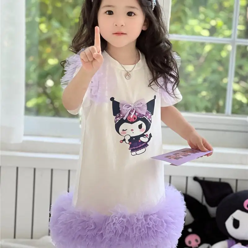 

Детское платье Kawaii Sanrio Kuromi, фантастическое Сетчатое платье принцессы, сетчатая строчка, круглый вырез, принт, пачка, подарок на день рождения