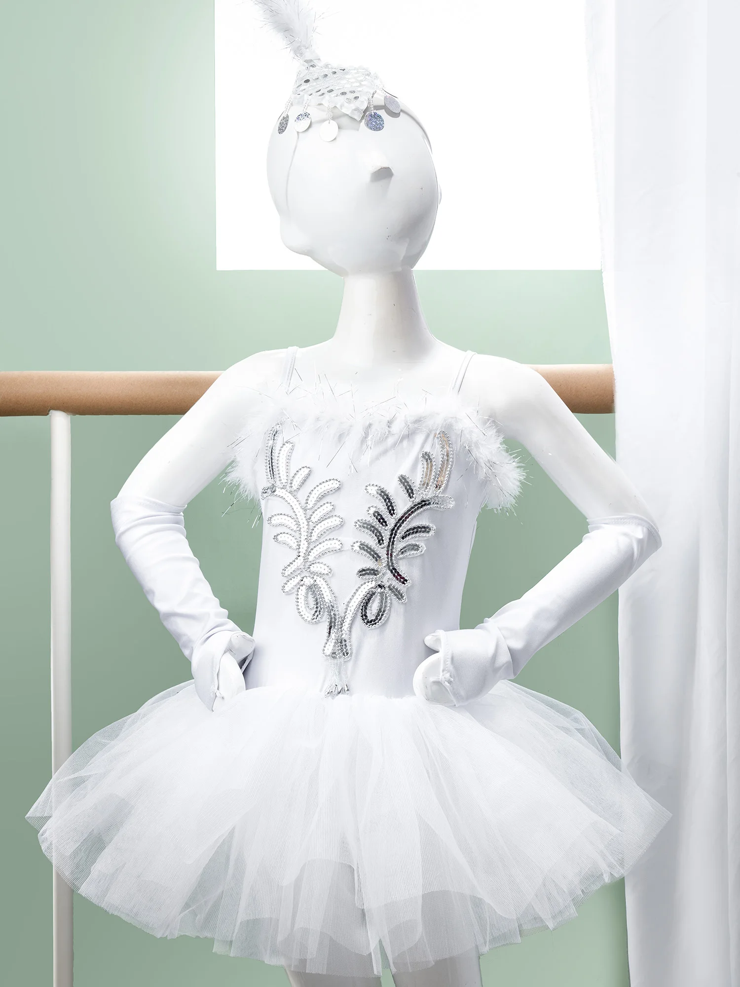 Kids Girls Swan Lake Ballerina Stage Performance Costume Ballet Dance Tutu Leotard with Arm Sleeves Hairpin Princess Dress Sets