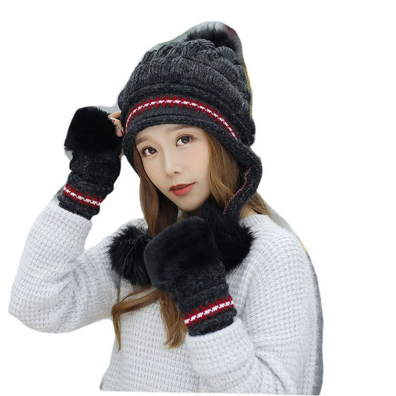 2022 Winter Knit Hat Women Rabbit Fur Plush Snow Hats Pompom Female Solid Hip-Hop Outdoor Ear Protection Cap