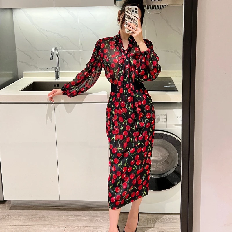 

2023 Newest Silk Red Cherry Print Long Sleeve V-neck Collar Tie Blouse and Pencil Split Hem Midi Skirt Set