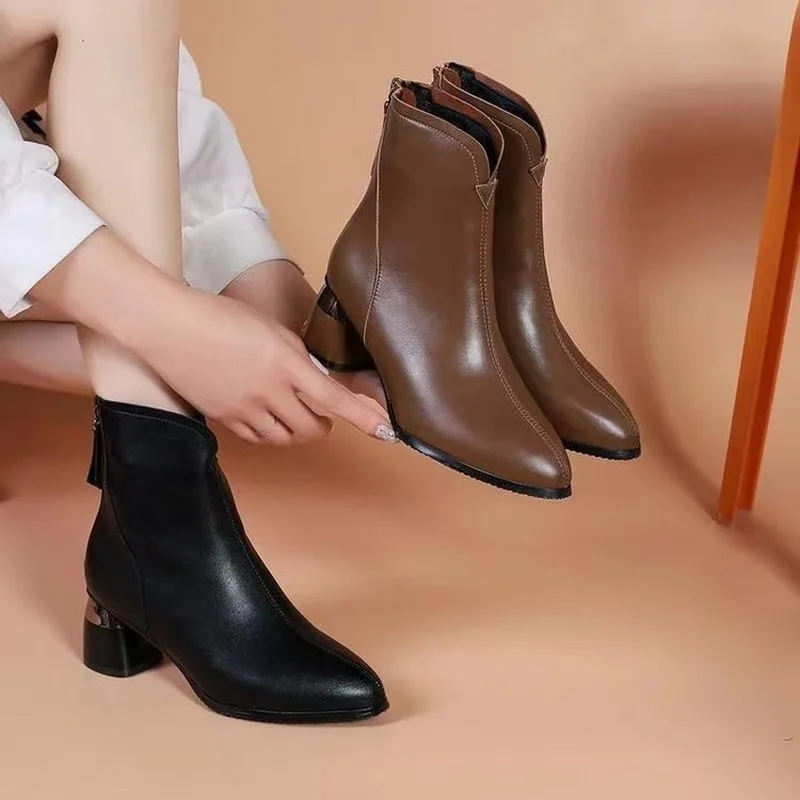 Retro Chunky High Heel Women & Girls Chelsea Boots Winter And Autumn Female Leather Shoes Pointed Toe Size 35-40