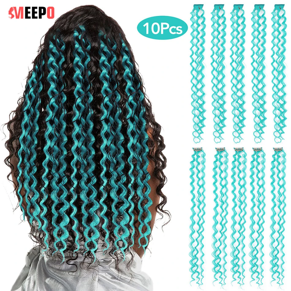 Meepo Colored Fibers 24Inches Kinky Curly Clip in Hair Extensions Synthetic Tress for Hair 10Pcs/Set High Temperature Deep Wave