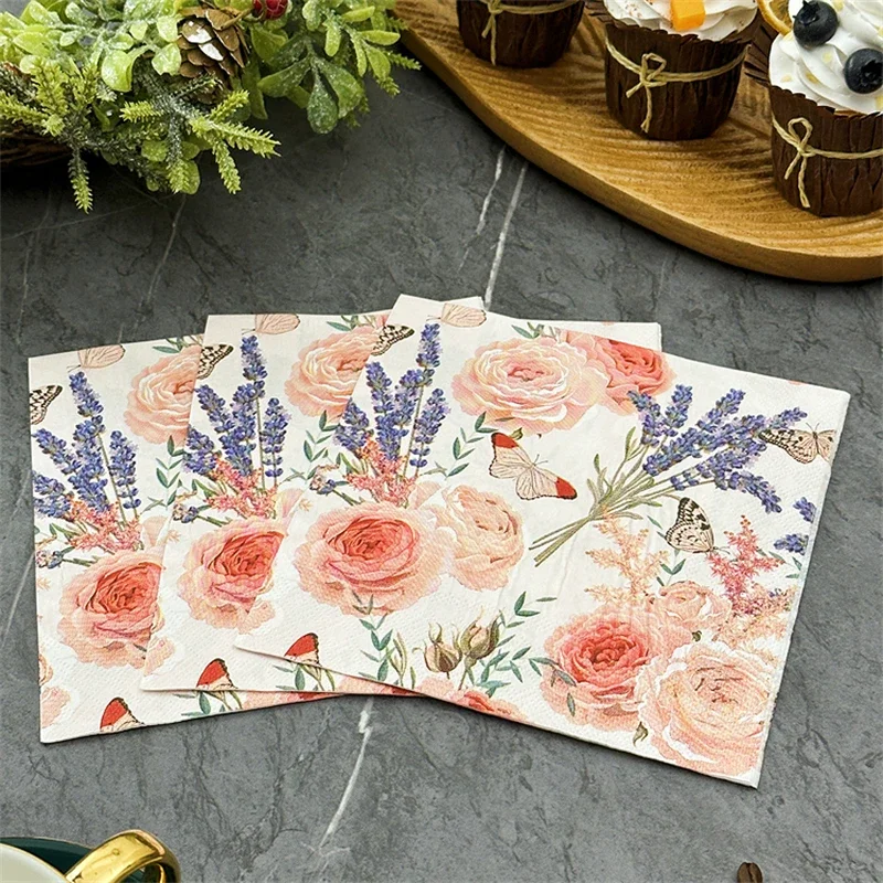Restaurant Upscale Colourful Printed Paper Napkin Napkin Household Dining Table Mouth Cloth 33cm Pink Floral Facial Tissue Paper paper napkins