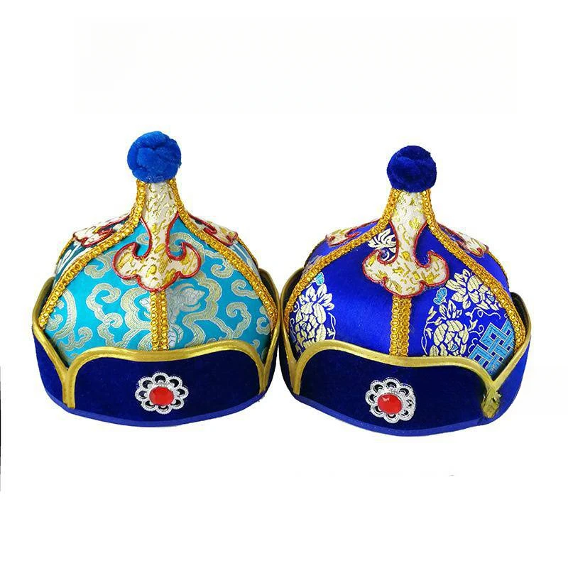 Mongolian Yurt Shaped Hats for Kids Princess King Minority Festival Dancing Caps Blue Traditional Party Headwear Suit Hijab