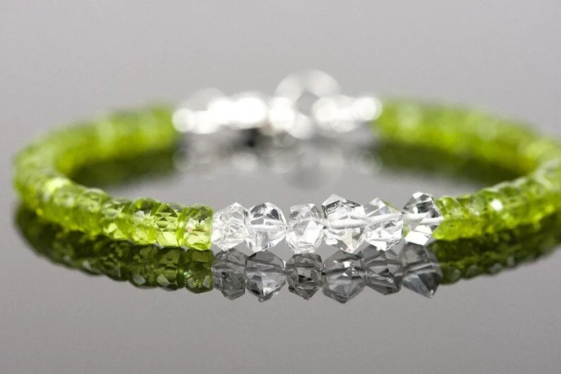 Peridot Herkimer Diamond Gemstone Bracelet, Handmade Gemstone Jewelry, Green Gemstone with White Crystals Bracelet