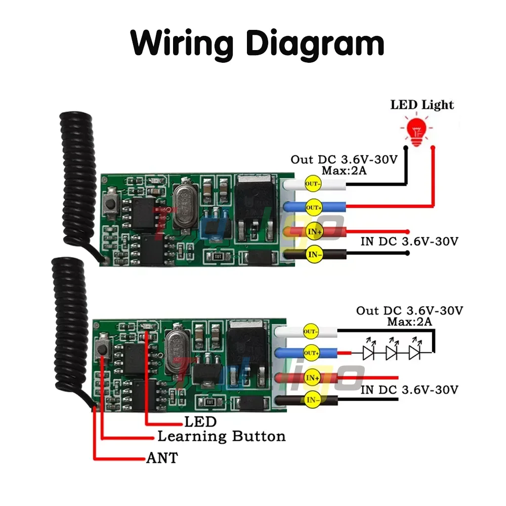 무선 원격 제어 RF 433mhz 릴레이 수신기 DC 3.6V 6V 12V 24V 30V 1CH 모듈 WithTransmitter LED 램프 빛 DIY