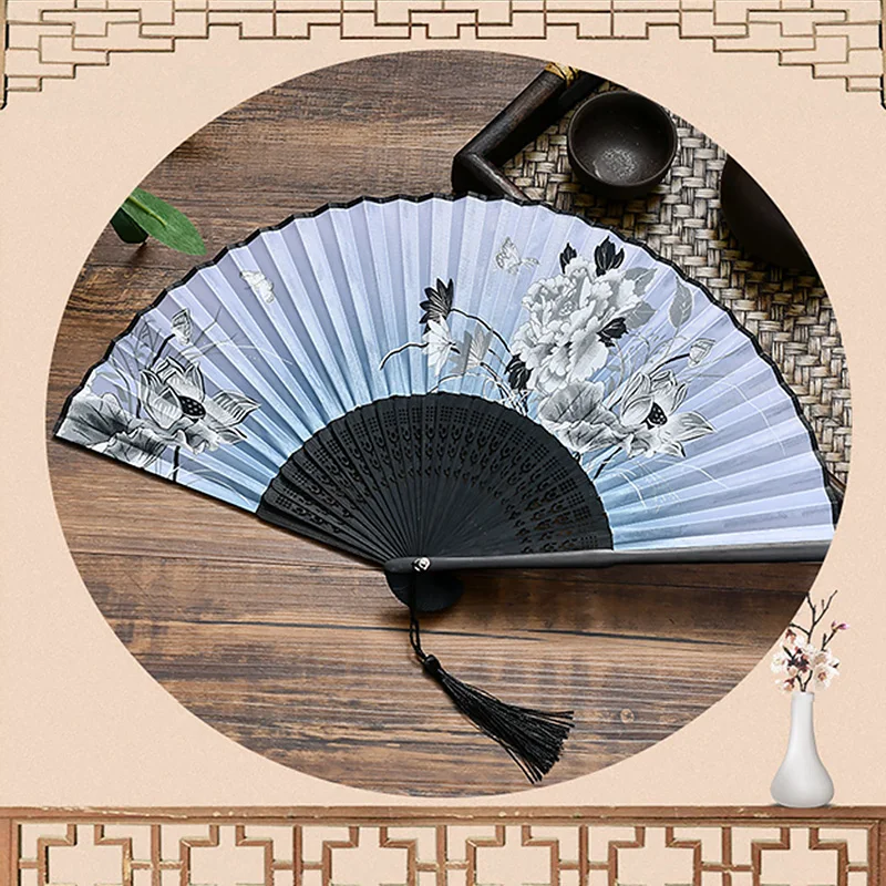 1PC Chinese Style Folding Fan Bamboo Shank Handheld Fan Elegant Female Flower Pattern Folding Fans Wedding Party Decoration