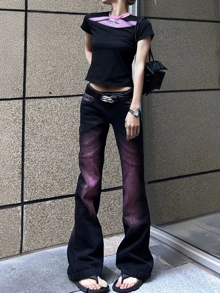 ADAgirl American Style Y2k Retro Flared Jeans for Women Streetwear Casual High Waist Purple Slim Bell-bottomed Denim Pants Mujer