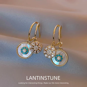 👍🏼Luxury Zircon Star Flower Shell Round Pendant Gold Dangle Earrings For Women Personality Daughter Of The Sea Party Jewelry N096