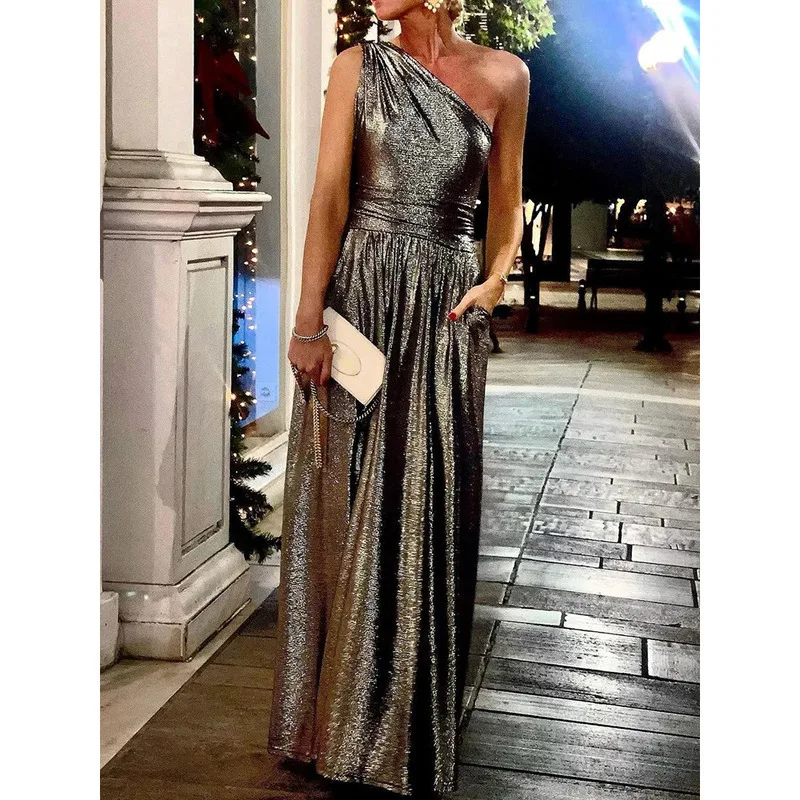 New Summer Holiday Solid Pocket Women Party Loungewear Sleeveless Skew Collar Elegant Ladies Maxi Dress Streetwear Vestido